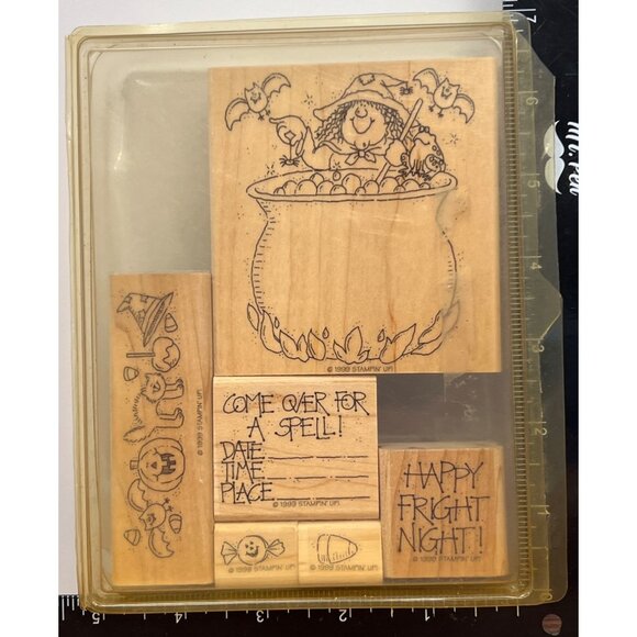 1999 STAMPIN' UP! HAPPY FRIGHT NIGHT WOOD MOUNT STAMP SET HALLOWEEN INVITE WITCH - Picture 2 of 6